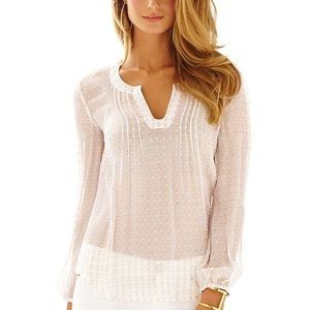 Lilly Pulitzer 100% Silk Long Sleeve Cream Gold Metallic Long Sleeve Blouse ~L~